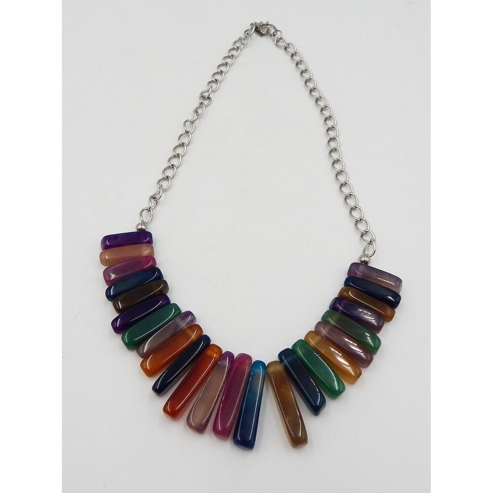 Nate & Etan Necklace Silvertone Multi Color Agate Slice Bead Chain
